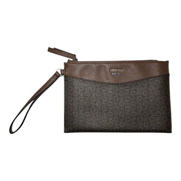 Guess Los Angeles Wristlet Faux Leather Brown Logo Print Women's - Picture 1 of 6